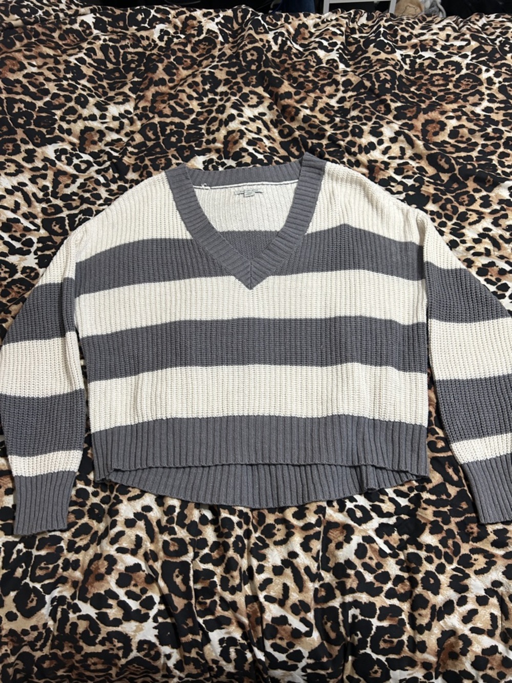 American Eagle Outfitters Striped V-Neck Cropped Sweater in Cream and Gray